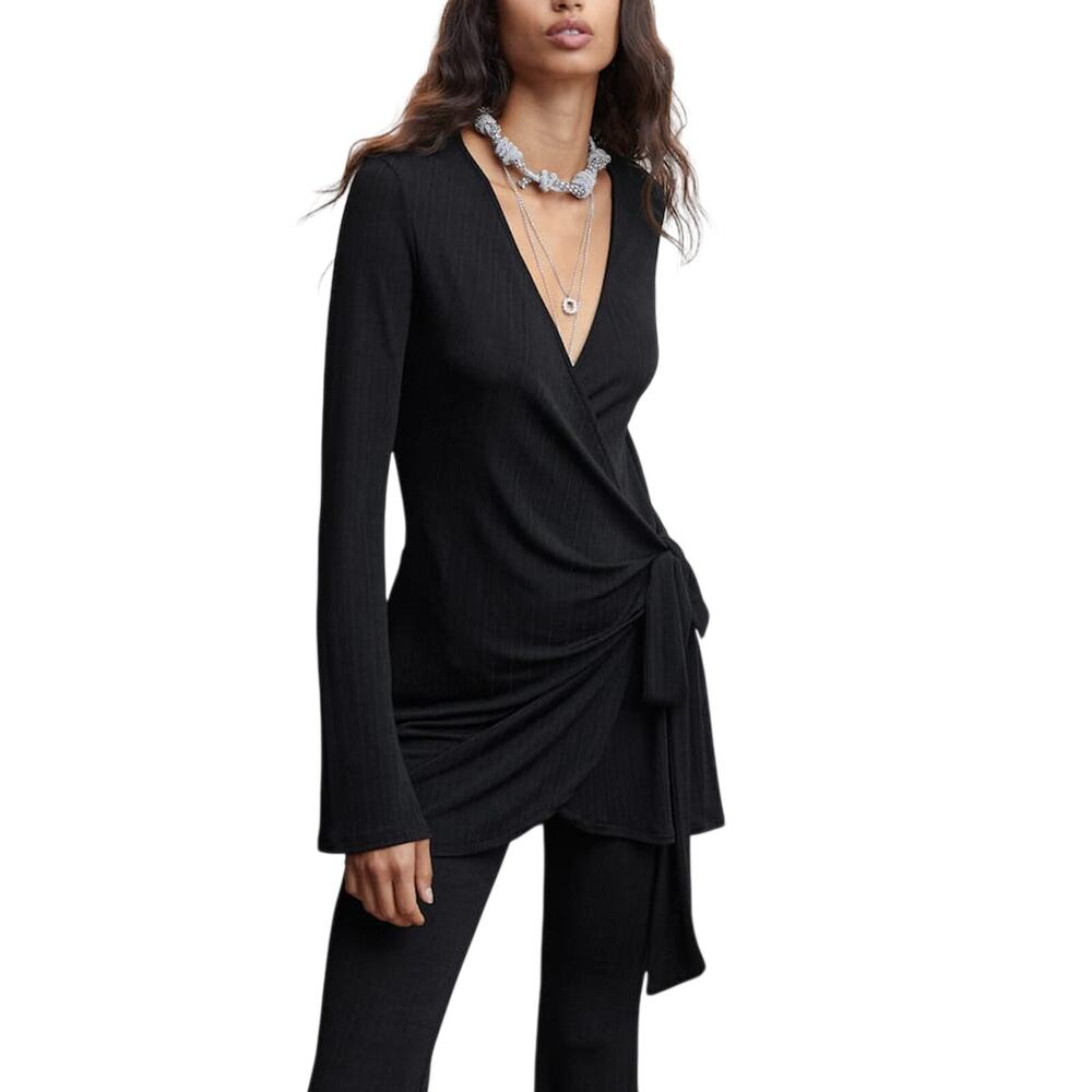 Mango Elegant Black Wrap Bow Cardigan Size M